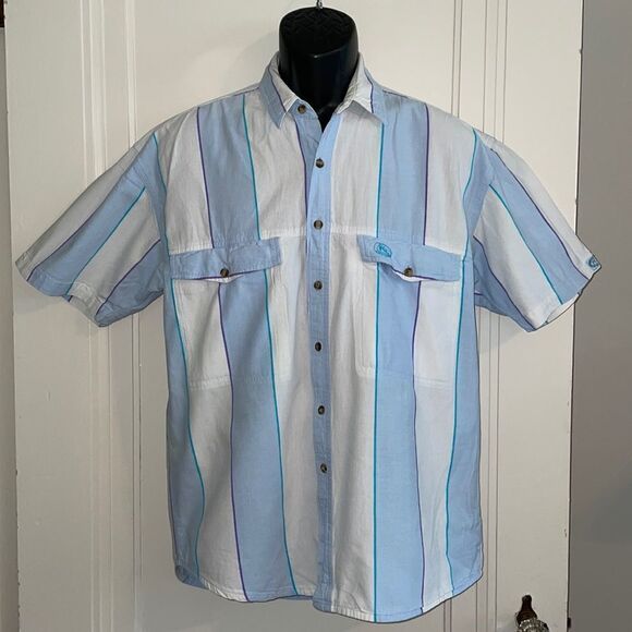 Vtg 80s Pacific Coast Highway blue & white vertical striped short sleeved shirt - Picture 1 of 11